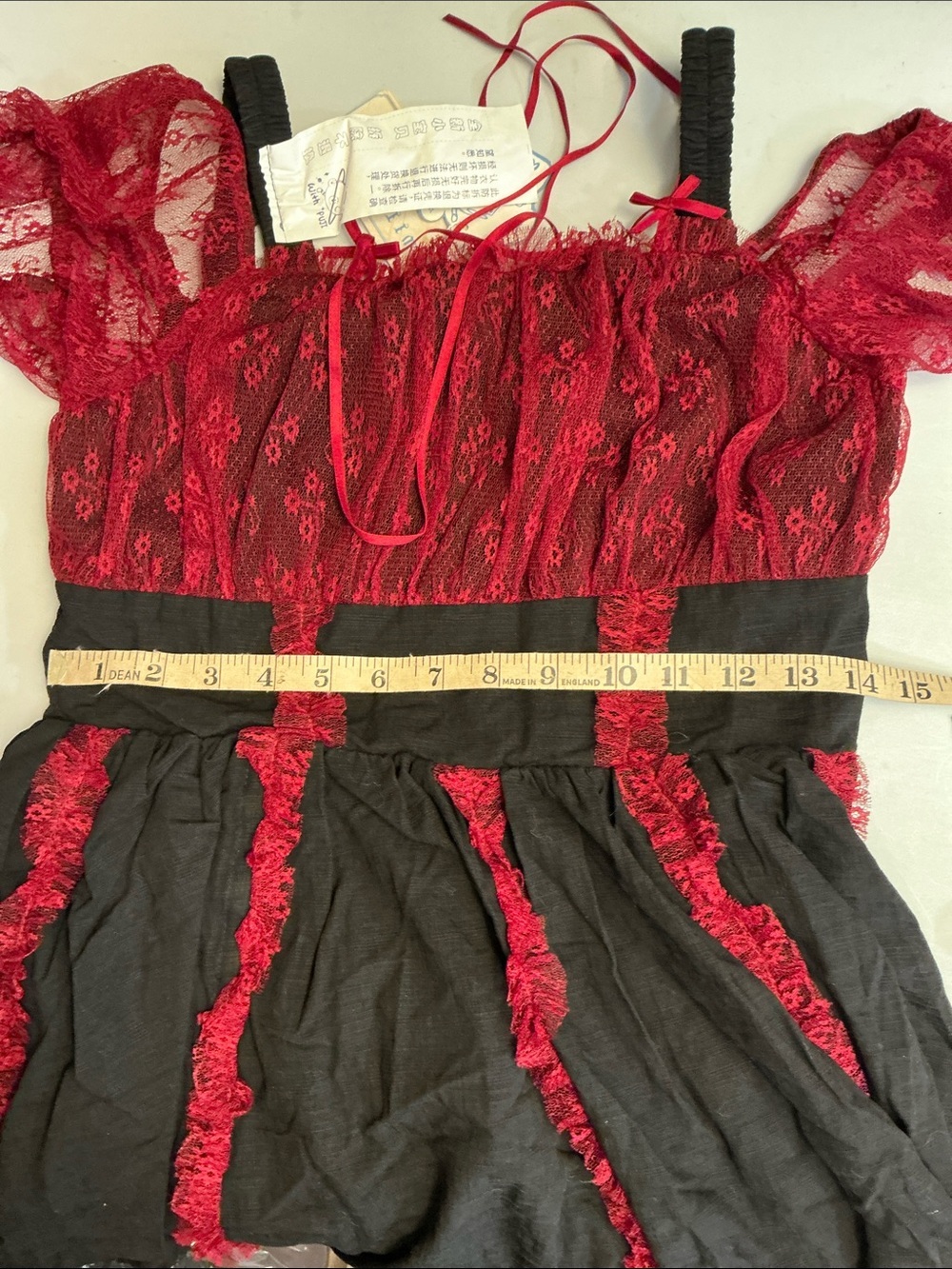 2198 - Red & Black Lace Trim Off-Shoulder Midi Dress
(Crinoline Not included). - Picture 16 of 16
